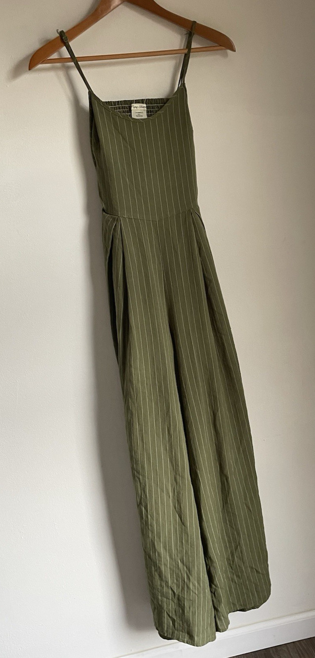 Flying Tomato Jumpsuit XS Olive Green Pinstripe Wide Leg Back Tie Sleeveless